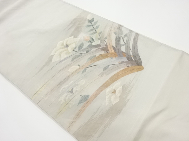 Recycled woven sackcloth obi with camellia and grass-leaf pattern in scoop weave